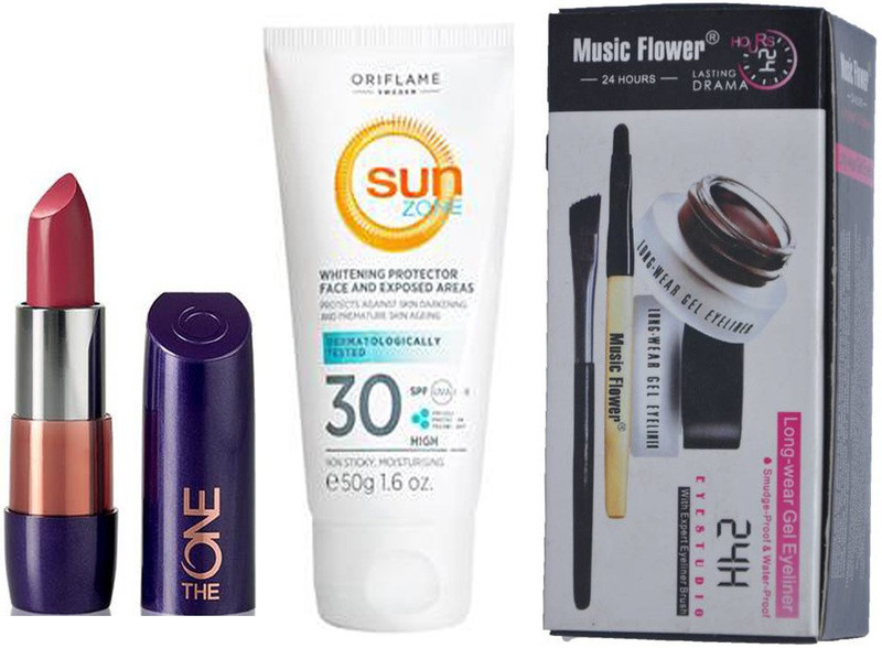 Oriflame Sweden The ONE 5-in-1 Colour Stylist Lipstick {Garnet Attraction} & SPF-30 With Music Flower Eye Makeup 2 in 1 Brown + Black(3 Items in the set)