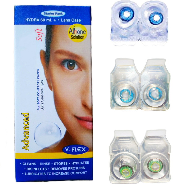 drr eye contact Lanse zero powar.with 60 ml.solution green.ddep.aqua Monthly(0, Colored Contact Lenses, Pack of 3)