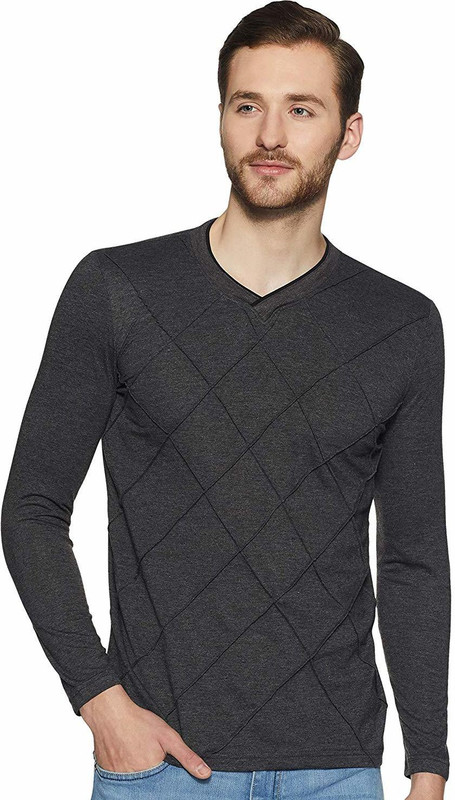 arya Self Design Men V Neck Black T-Shirt