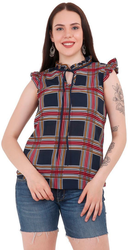 fab skyler Casual Sleeveless Checkered Women Blue Top