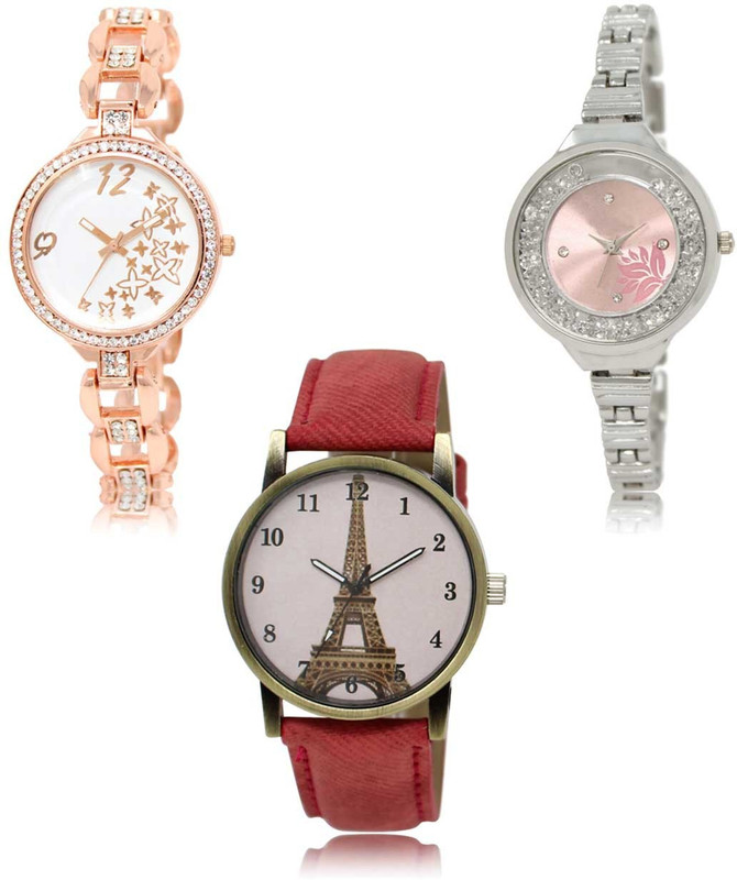 GROOT Contemporary Fashion Star,Flower And Paris Eiffel Tower Analogue Gold, Silver And Red Color Girls And Women Watch - GL210-GL226-GL230 (Combo Of 3 ) combo watch Analog Watch  - For Girls