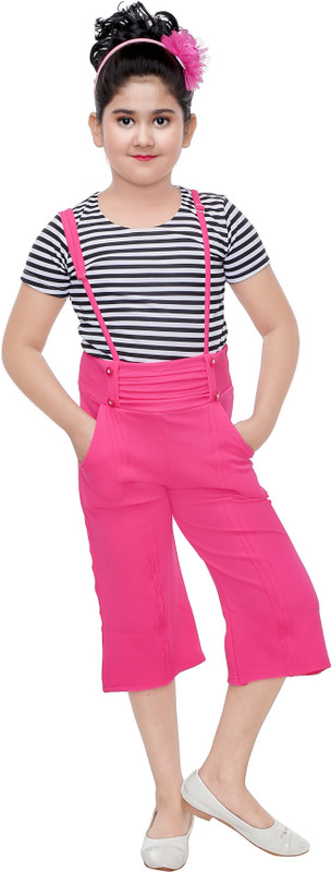 maxmeme Dungaree For Girls Striped Cotton Blend(Pink, Pack of 1)