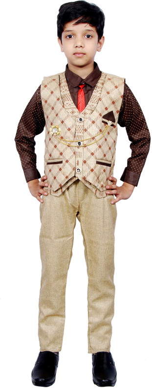 nvh Boys Wedding, Casual, Festive & Party, Formal Shirt, Waistcoat and Pant Set(Brown Pack of 1)