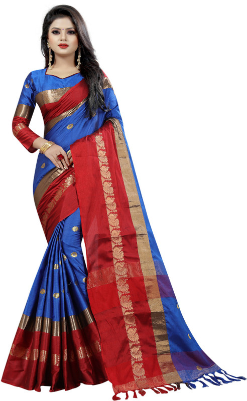 4jstar Solid Banarasi Cotton Silk Saree(Blue)