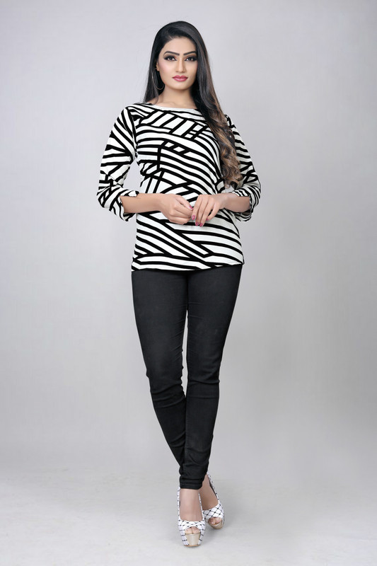 harikrishna ent Party 3/4 Sleeve Printed Women White, Black Top