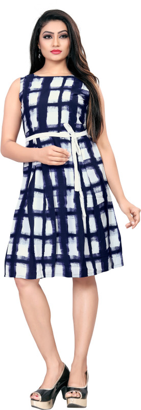 harikrishna ent Women Fit and Flare White, Blue Dress