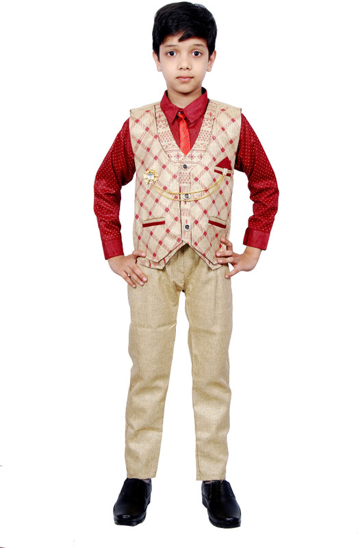 nvh Boys Wedding, Casual, Festive & Party, Formal Shirt, Waistcoat and Pant Set(Brown Pack of 1)