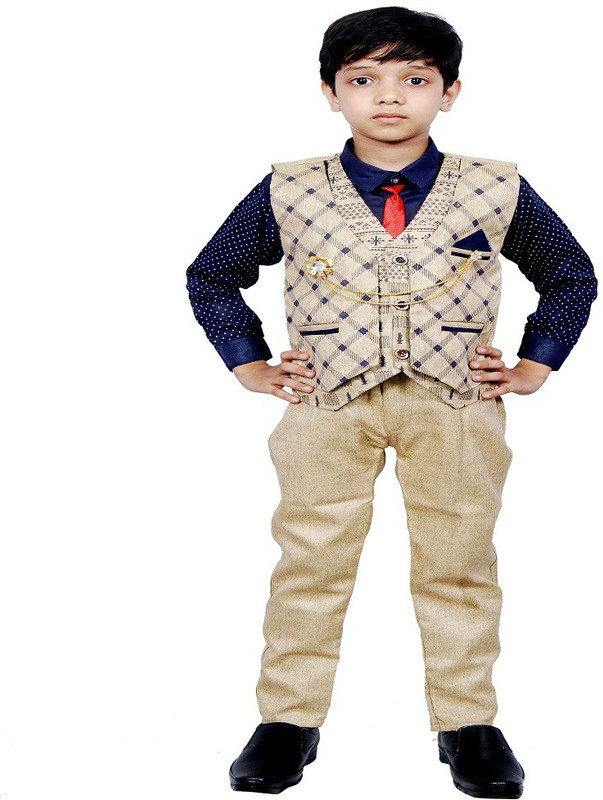 nvh Boys Wedding, Casual, Festive & Party, Formal Shirt, Waistcoat and Pant Set(Brown Pack of 1)