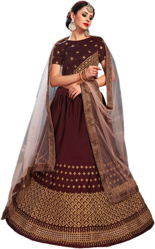 dharmi fashion Embroidered Semi Stitched Lehenga, Choli and Dupatta Set(Gold, Brown)