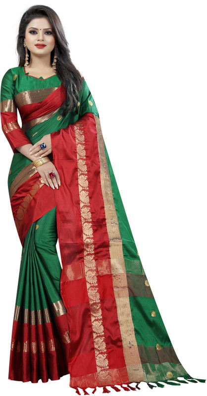 4jstar Solid Banarasi Cotton Silk Saree(Green)