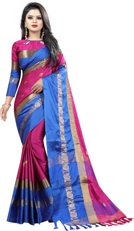 4jstar Solid Banarasi Cotton Silk Saree(Pink)