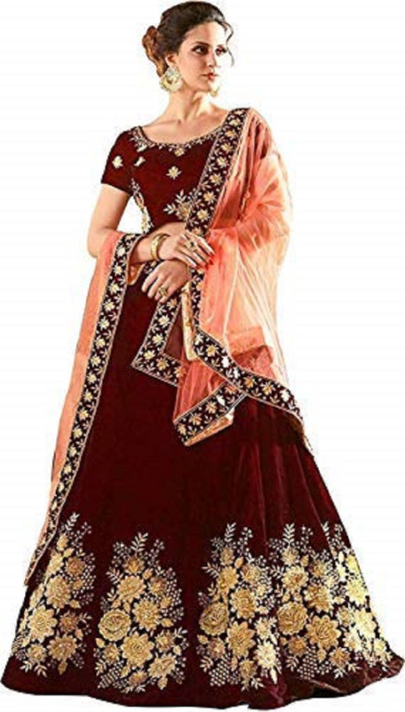 alakhdhanifashion Embroidered Semi Stitched Lehenga, Choli and Dupatta Set(Red)