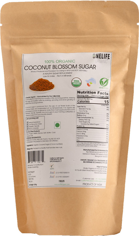 onelifeorganic Unrefined Coconut Blossom Sugar - 250g - Healthy White and Brown Sugar(250 g)