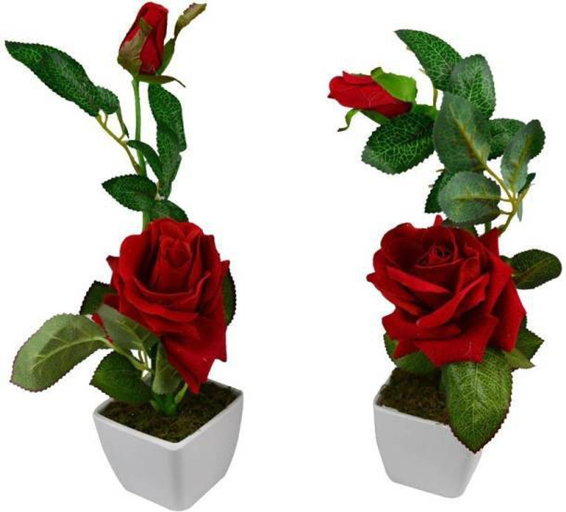 endecor ROSE FLOWER WITH VASE Red Rose Artificial Flower  with Pot(11 inch, Pack of 2)