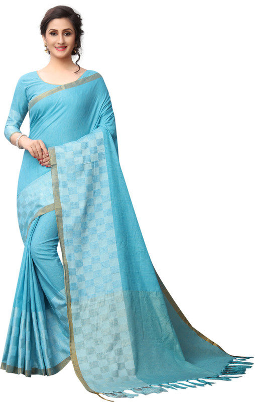 4jstar Self Design, Checkered Fashion Cotton Silk Saree(Dark Blue)