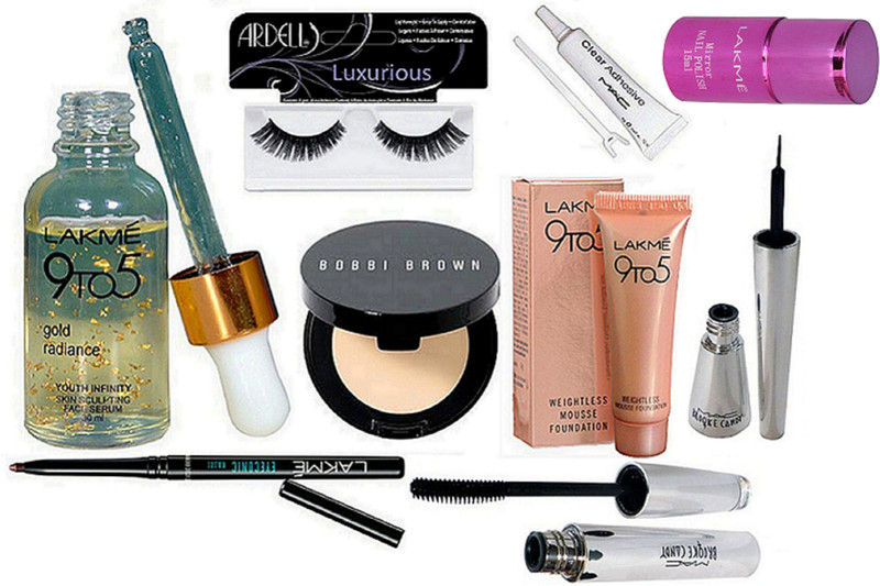 luxurious Eyelashes, 9 To 5 Gold Radiance Face Serum, corrector Concealer, Eyeconic Kajal, Lakme 9 To 5 Mousse Foundation Weightless Mousse Foundation, Eyelashes Glue, Brooke Candy Liner & Mascara, Mirror Nail Polish(9 Items in the set)