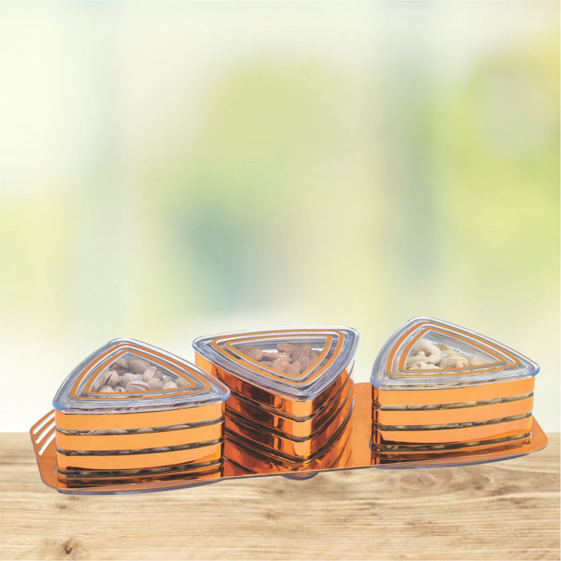 FABLE 3 Piece Dry Fruit Set Box with Lid & Serving Tray, Storage Container - 500 ml Plastic Spice Container, Grocery Container, Utility Box, Tea Coffee & Sugar Container    - 500 ml Plastic Grocery Container, Spice Container(Pack of 3, Gold)