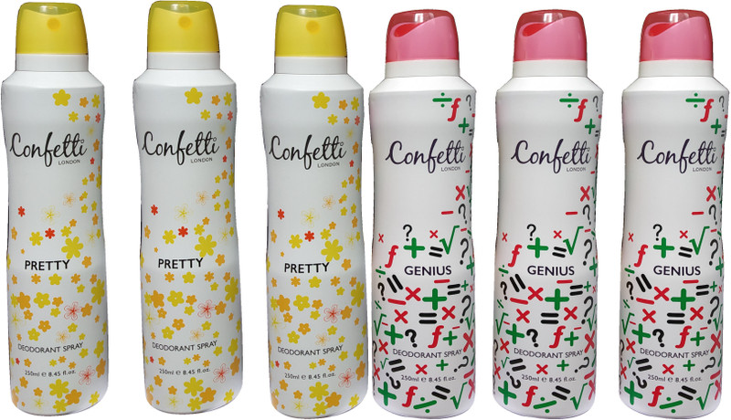 confetti london PRETTY AND GENIUS (PACK OF 6) Deodorant Spray  -  For Women(1500 ml, Pack of 6)
