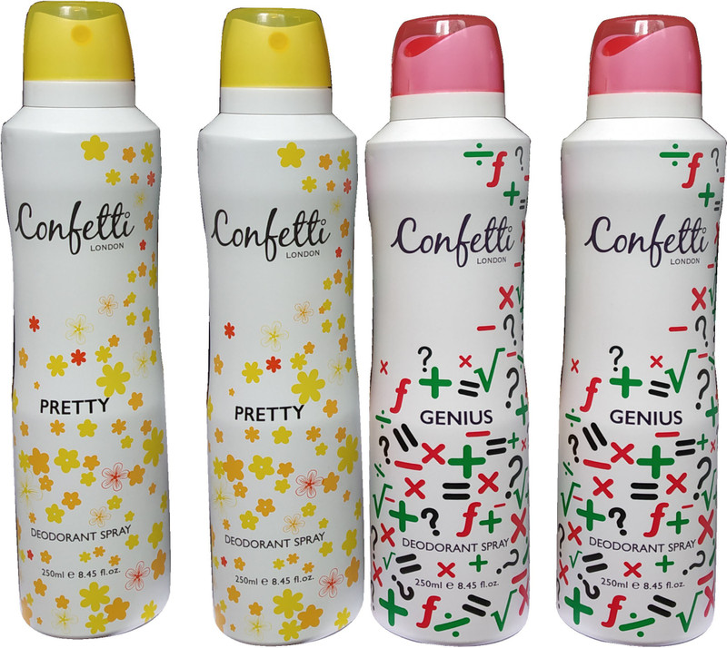 confetti london PRETTY AND GENIUS (PACK OF 4) Deodorant Spray  -  For Women(1000 ml, Pack of 4)