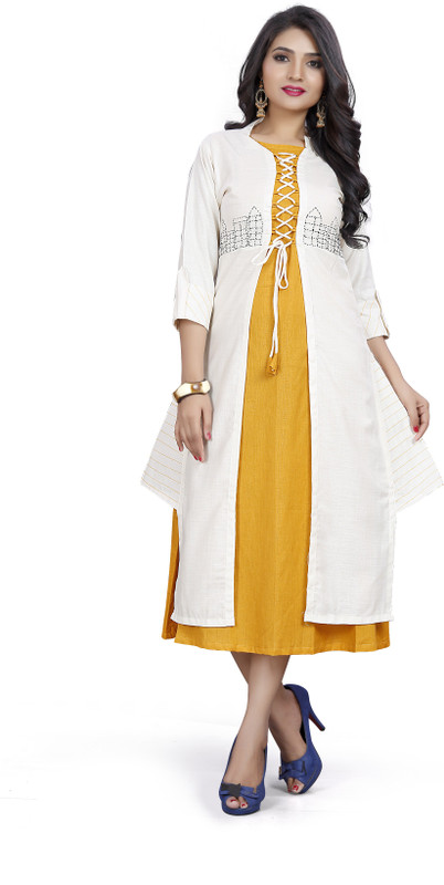 kalkikalki Women's Solid Straight Kurta(Yellow, White)