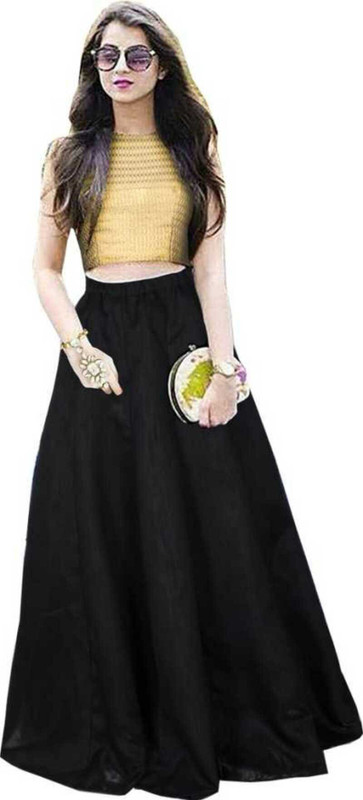narideal Self Design Semi Stitched Lehenga & Crop Top(Black)