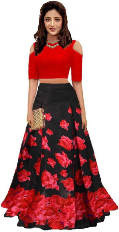 narideal Self Design Semi Stitched Lehenga & Crop Top(Black, Red)