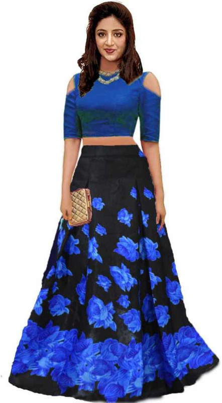 narideal Digital Print Semi Stitched Lehenga & Crop Top(Black, Blue)