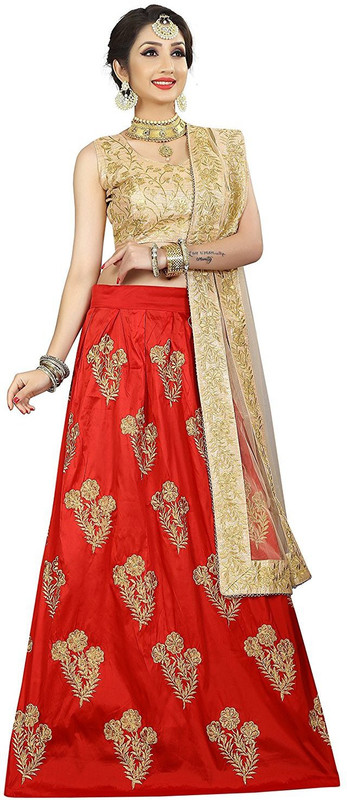 friends deal fashion Embroidered Semi Stitched Lehenga, Choli and Dupatta Set(Red)
