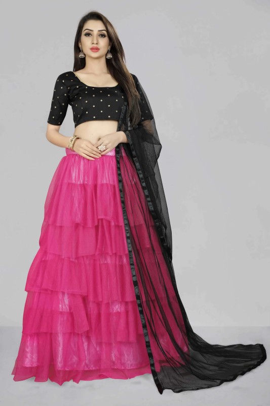 Divastri Solid Semi Stitched Lehenga, Choli and Dupatta Set(Pink, Black)