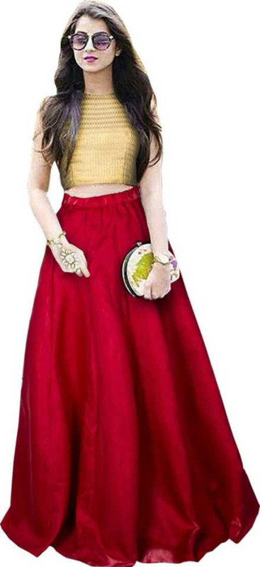 narideal Self Design Semi Stitched Lehenga & Crop Top(Red)