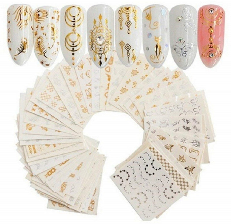 FOK 30 Sheets Golden Water Transfer Decals Metallic Nail Art Sticker Decoration Accessories(Multicolor)