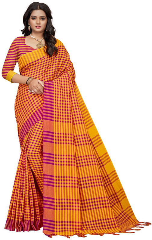 under 1000 Checkered Fashion Cotton Blend Saree(Orange)