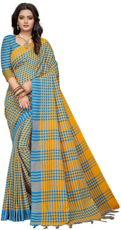under 1000 Checkered Fashion Cotton Blend Saree(Orange)