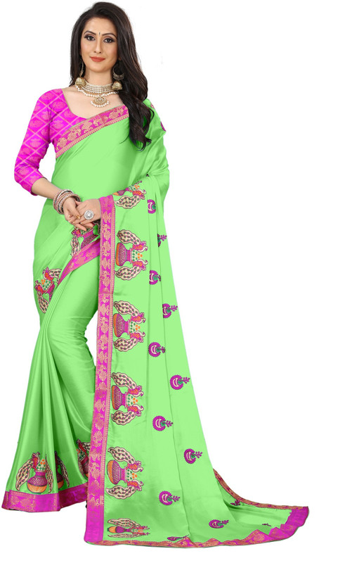 under 1000 Embroidered Bollywood Poly Silk, Art Silk, Silk Blend Saree(Light Green)