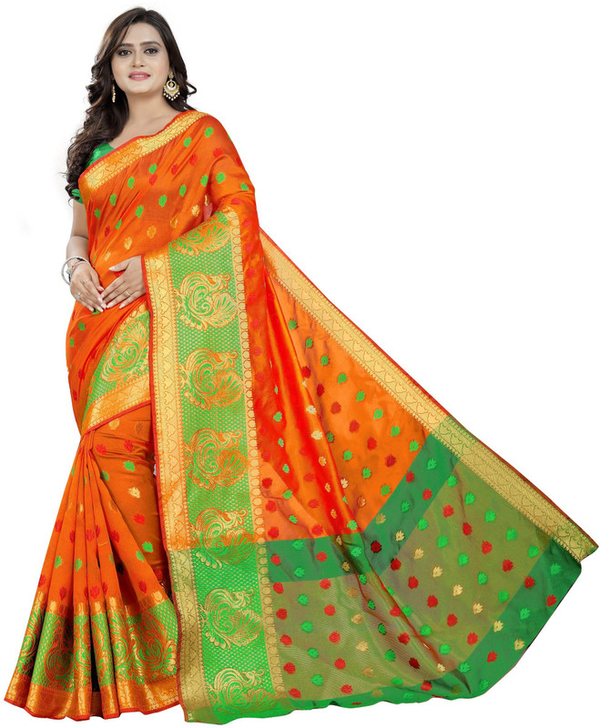 ecolors fab Woven Banarasi Pure Silk, Cotton Silk, Art Silk, Silk Blend, Cotton Blend Saree(Yellow)