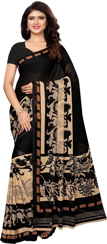 Saara Printed, Floral Print Bollywood Georgette, Chiffon Saree(Black, Beige)