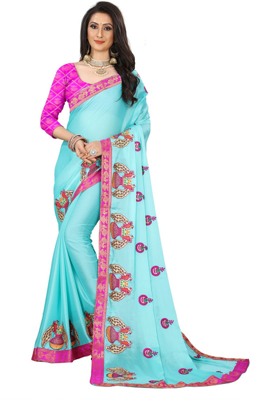 under 1000 Embroidered Bollywood Poly Silk, Art Silk, Silk Blend Saree(Light Blue)