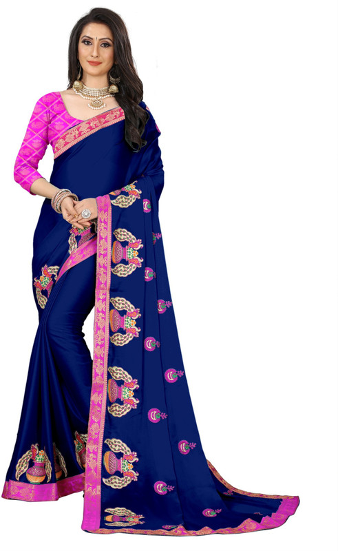 under 1000 Embroidered Bollywood Poly Silk, Art Silk, Silk Blend Saree(Dark Blue)