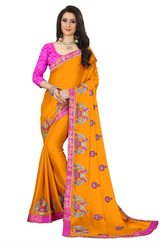 under 1000 Embroidered Bollywood Poly Silk, Art Silk, Silk Blend Saree(Orange)