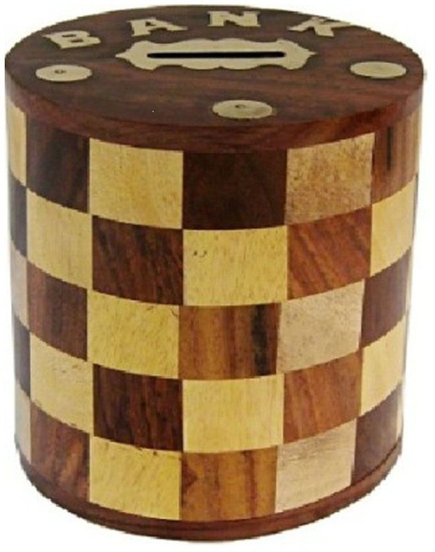 olympia shoppee Handcrafted Antique Chess Pattern Embosed Cylendrical Shaped Wooden Money Bank - Coin Saving Box - Piggy Bank - Gifts for Kids, Girls, Boys & Adults, 5 Inches Coin Bank Coin Bank(White, Brown)