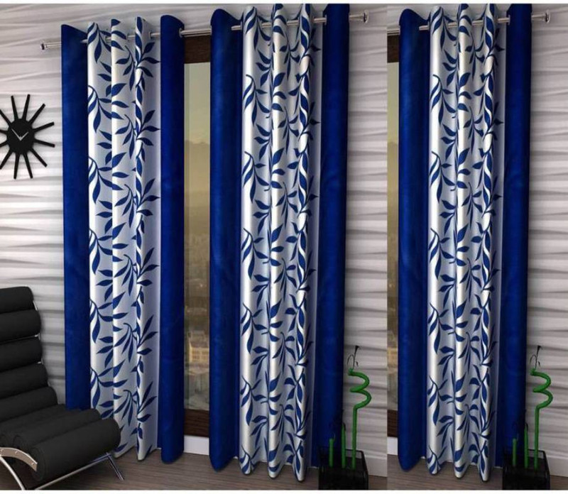 good luck textile 214 cm (7 ft) Door Polyester Curtain (Pack Of 3)(Blue, Floral)