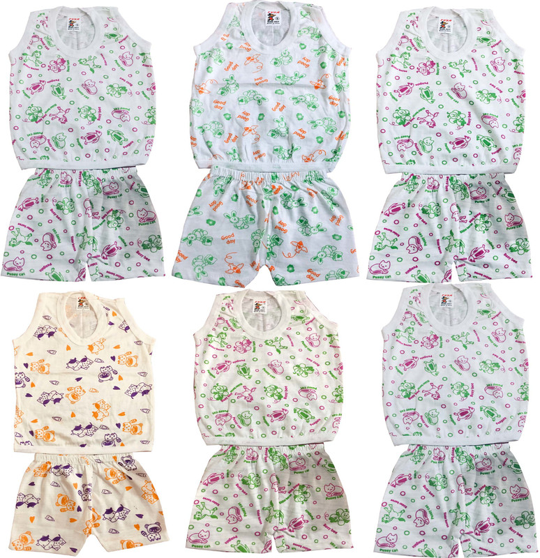 zinuwear Kids Nightwear Boys & Girls Printed Cotton Blend(White Pack of 6)