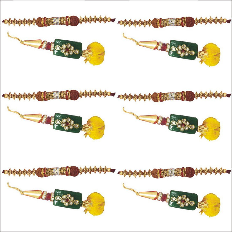 fabgirl Bhaiya Bhabhi Rakhi, Greeting Card  Set(12 Piece Bhaiya Babhi rakhi ( 6 Rudraksha & 6 Kundan ) With Roli Chawal Chandan)