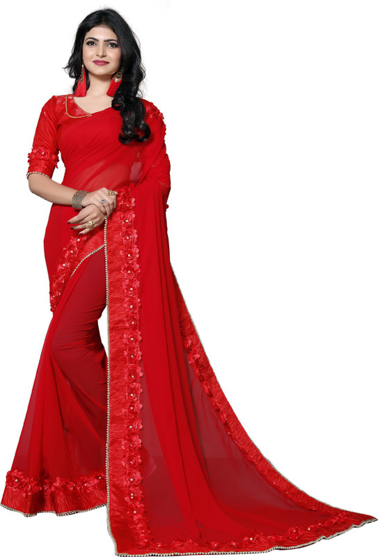 fab dadu Solid Fashion Poly Georgette Saree(Red)