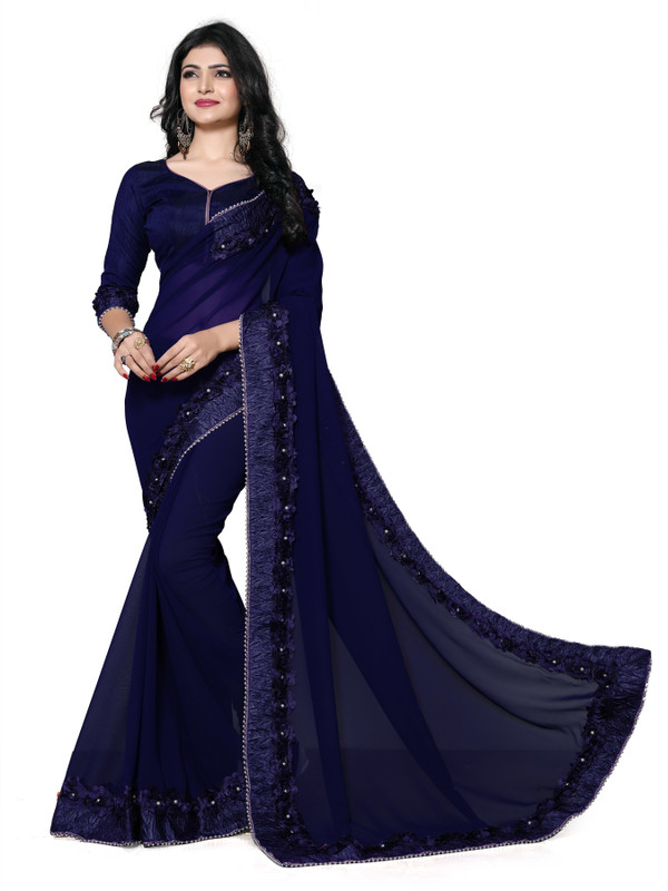 fab dadu Solid Fashion Poly Georgette Saree(Blue)