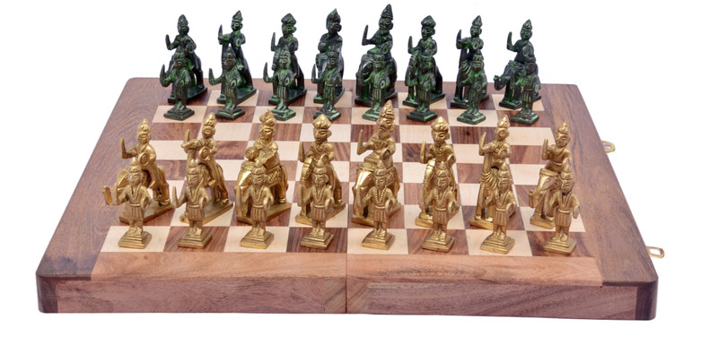 solution Brass Chess Set with RAJESTHANI figures 14 inch Chess Board(Black, Gold)