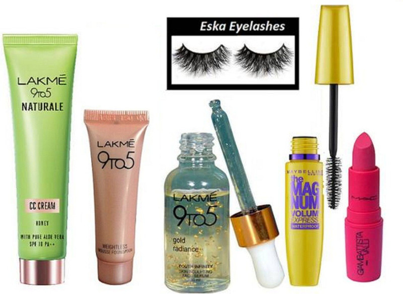 eska Eyelashes,Lakme 9 To 5 Mousse Foundation,Naturale CC Cream,serum,Mac Giambattistavalli Lipstick,Maybelline Mag Num Mascara(6 Items in the set)