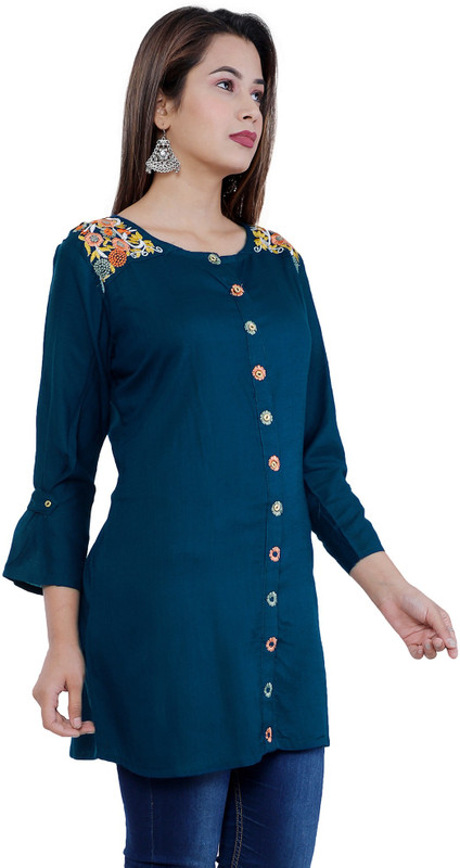 hkf Casual Embroidered Women Kurti(Dark Blue)