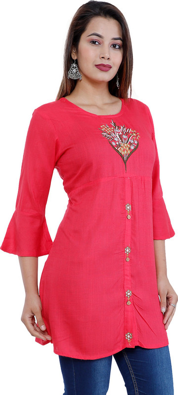 hkf Casual Embroidered Women Kurti(Pink)