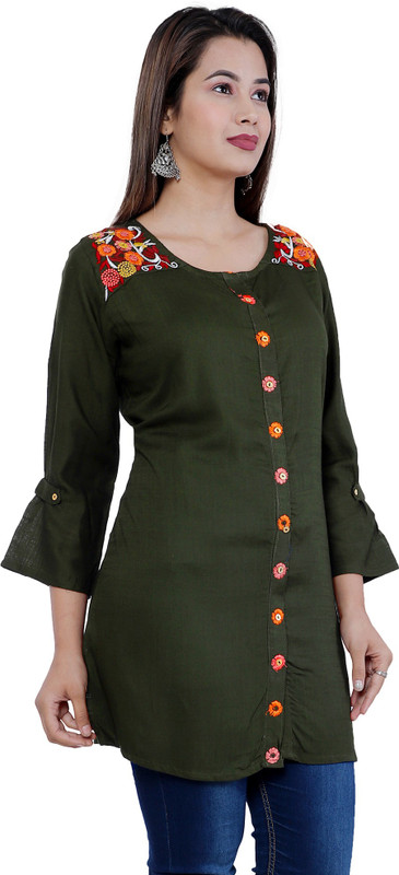 hkf Casual Embroidered Women Kurti(Dark Green)